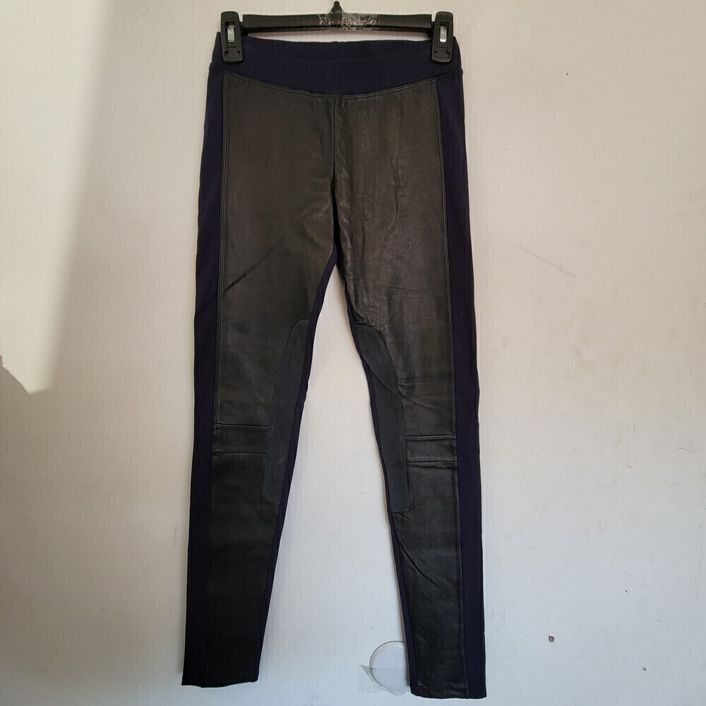 Sandro Velvet Blue Black Cuir Vachette Leather Panel Long Legging Pants Size 0 - Picture 3 of 13